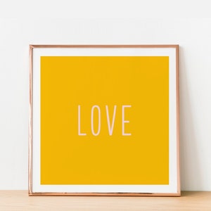 Love Wall Art Printable in Mustard Yellow and Blush Pink, Instant Download, Cute Downloadable Poster, Minimalist Home Decor, Square Print