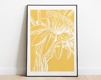 Floral Wall Art Printable in Sunshine Yellow, Downloadable Simple Flower Drawing, Minimalist Botanical Instant Download, Pretty Home Decor