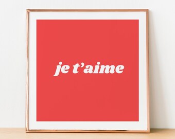 Je t'aime Poster in Red, Instant Download, French I Love You Art, Minimalist Typography Printable Wall Art