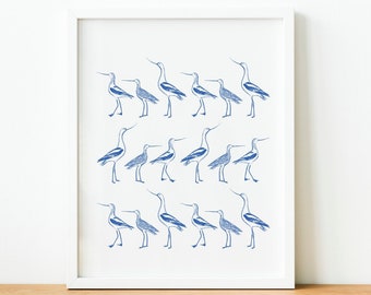 Bird Art Print in Blue, Printable Wall Art, Instant Download, Downloadable Poster, Block Print, Home Decor, Nursery Animal Artwork