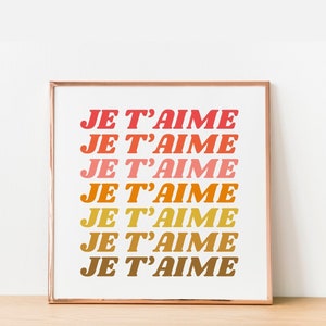 Kocham styl retro vintage wall art printable, instant download, downloadable poster, square print, french language print, I Love You Art