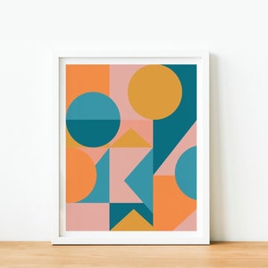 Arte murale geometrica colorata stampabile, verde acqua, blu, giallo e arancione, poster XL, estetica moderna di metà secolo, colori vivaci, arredamento per il soggiorno