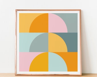 Geometric Art Print in Cute Pastel Colors, Instant Download, Printable Wall Art, Colorful Shapes Color Block, Square Poster, Modern Style