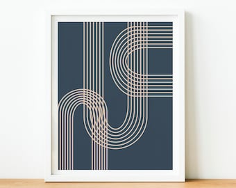 Mid Century Mod Wall Art Download in Navy Blue, Minimalist Abstract Line Drawing, Printable Digital Art, Sophisticated Composition Poster