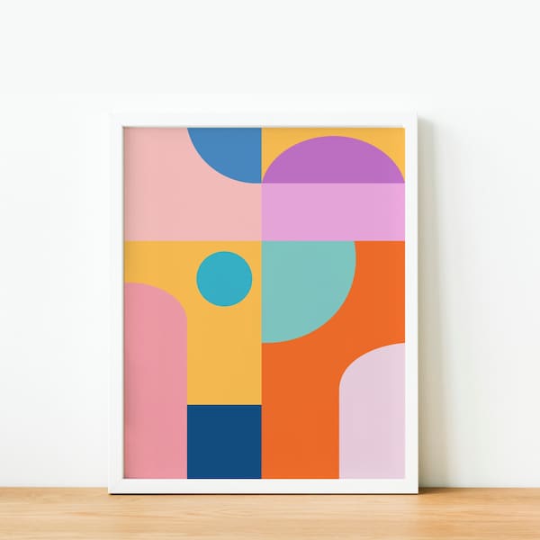 Bold Geometric Shapes and Colors Poster in Bright Orange, Purple, Blue, and Yellow, Instant Download, Printable Wall Art, Colorful Mod Print