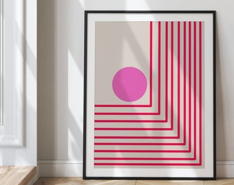 Mid Century Mod Geometric Wall Art Printable, Hot Pink Shapes and Red Lines, Instant Download, Modern Composition, Colorful Poster Aesthetic