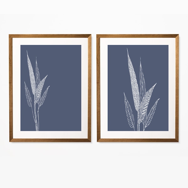 Set of 2 Minimalist Bohemian Zen Digital Prints in Dark Navy Blue, Scandinavian Botanical Wall Art Printable, Instant Download
