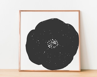 Black and White Minimalist Flower Printable Wall Art, Large Botanical Art, Hipster Aesthetic, Bohemian Art, Scandinavian Style Art