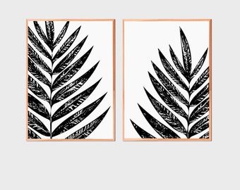 Set of 2 Black and White Modern Botanical Leaf Wall Art Printable, Zen Nature Prints, Scandinavian Style, Nordic Design, Fern, Large Leaves