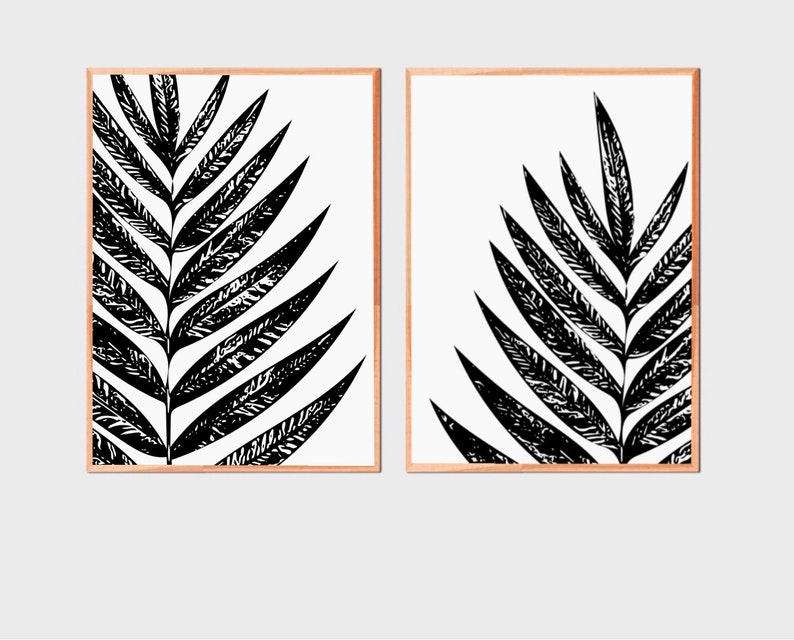 Set of 2 Black and White Modern Botanical Leaf Wall Art Etsy