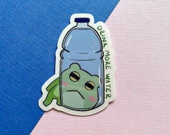 Drink More Water Frog Sticker: Glossy Vinyl Diecut
