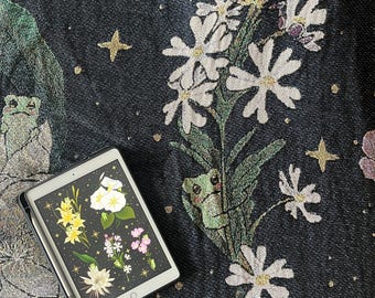 Frog Tapestry Blanket: Cottagecore Night Flowers, Woven Cotton Throw