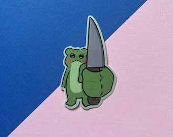 Frog with Big Knife Vinyl Sticker | Cute Frog with Knife Green Diecut Vinyl Sticker