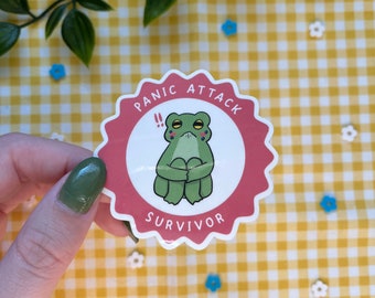 Transparent Panic Attack Survivor Frog Sticker | Cute Frog Vinyl Diecut Panic Attack Bagdge Sticker