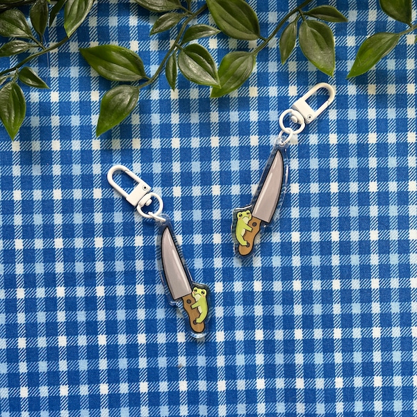 Tiny Frog with Big Knife Keychain | Cute Tiny Frog with Huge Knife Acrylic Epoxy Keychain