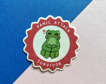 Transparent Panic Attack Survivor Frog Sticker | Cute Frog Vinyl Diecut Panic Attack Bagdge Sticker