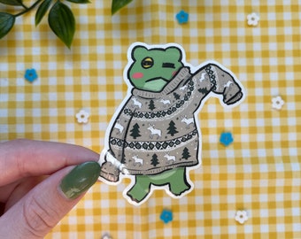 Cozy Christmas Sweater Frog Sticker | Cute Christmas Ugly Sweater Holiday Diecut Vinyl Frog Sticker