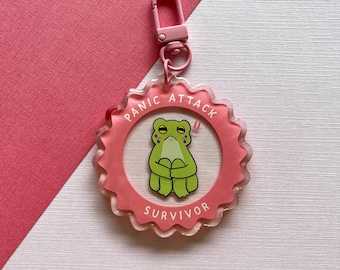 Panik Attacke Überlebender Frosch Keychain | Lustiger Acryl Panik Attack Patch Frosch Schlüsselanhänger