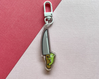 Tiny Frog with Big Knife Keychain | Cute Tiny Frog with Huge Knife Acrylic Epoxy Keychain