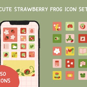Lindo Strawberry Frog dibujado a mano iOS14 y Android App Iconos / Conjunto de pantalla de inicio / Iconos de aplicaciones / Widget / Fondos de pantalla / FrogBlobs