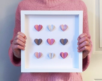 Pink and Grey Pattern Heart, Framed Art - Paper heart wall decor - birthday gift - unique wedding gift - Pink and Grey art- housewarming