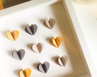 Mustard and Grey Pattern Heart, Framed Art - Paper heart wall decor - birthday gift - unique wedding gift - anniversary gift - housewarming