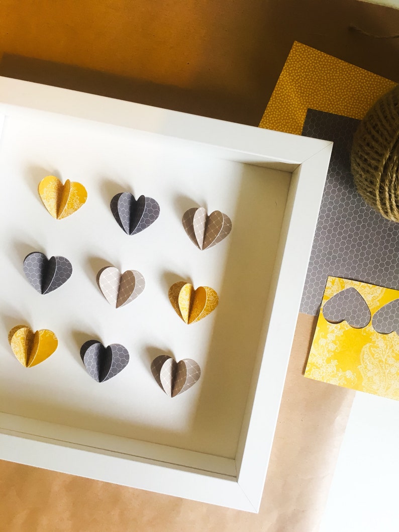 Mustard and Grey Pattern Heart, Framed Art Paper heart wall decor birthday gift unique wedding gift anniversary gift housewarming image 3