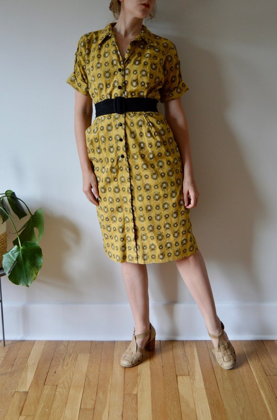 1950s Yellow Printed Shirt Dress