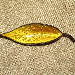 Puede incluir: Un broche en forma de hoja de color dorado con borde y tallo oscuros. El broche presenta patrones de venas detallados y un acabado brillante. La hoja se encuentra sobre un fondo texturizado de tonos neutros.