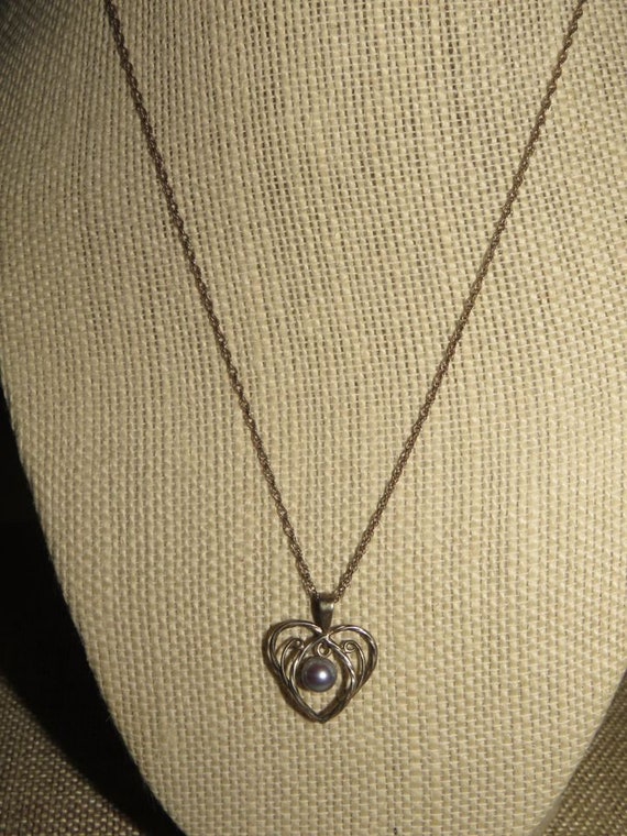 Vintage Sterling Silver Heart & Pearl Pendant Nec… - image 2
