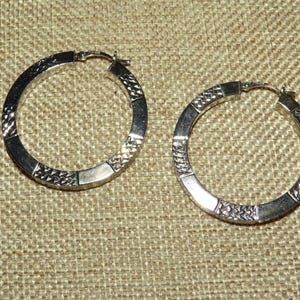 Vintage Large Sterling Silver Hollow Hoop Earrings with Design