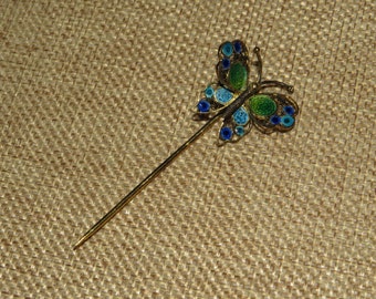 Vintage 800 Silver Gold Wash Enamel Butterfly Stick Pin