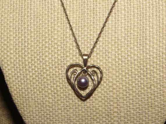 Vintage Sterling Silver Heart & Pearl Pendant Nec… - image 1
