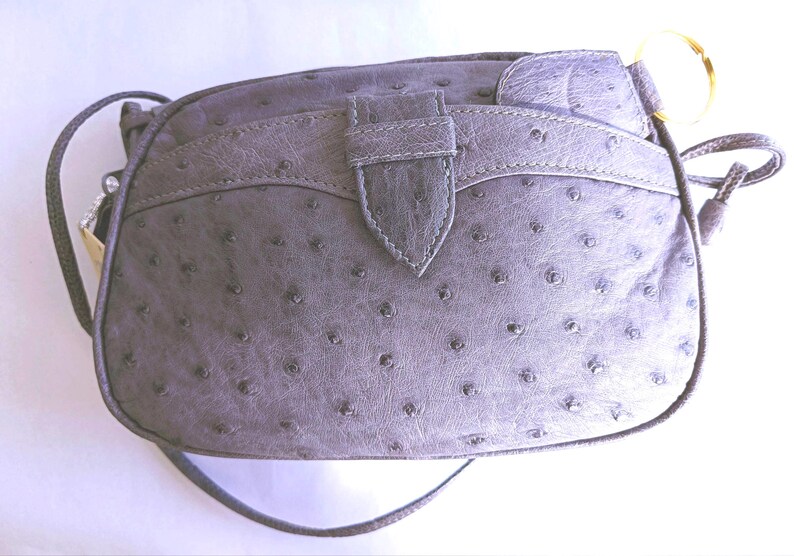 Pode incluir: Uma bolsa tiracolo cinza com um padr&atilde;o texturizado estilo avestruz, apresentando uma aba frontal com fecho central, uma al&ccedil;a de ombro fina e ajust&aacute;vel, e um anel circular dourado fixado no lado superior direito da bolsa.