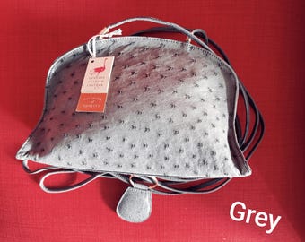 Ostrich Leather Crossbody Bag: Handmade Grey Shoulder Bag