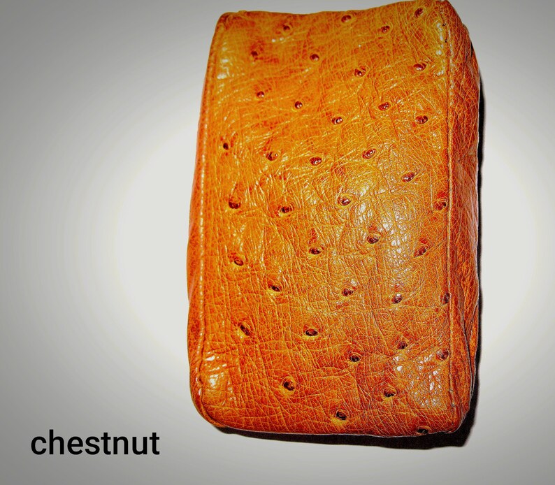 May include: A rectangular pouch in a vibrant chestnut brown colour featuring a distinct textured surface with small, evenly spaced circular indentations throughout the exterior. The word chestnut is printed in black at the bottom left.