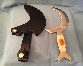 Moon Crest Sickle Knife Boline Bone Handle Druid Scythe Athame Knife with Leather Sheath Wiccan
