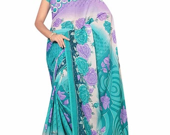 Bollywood Sari Kleid Chiffon Rose Türkis Fo409