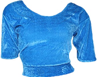 Light Blue Velvet Top Choli Top for Sari Size S to 3XL