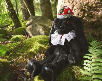 Dark Magical Amanita Rabbit - Soft Gothic Bunny Plush Art Doll