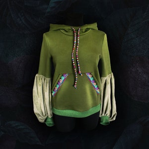 Handmade Festival Moss Witch Hoodie, Hippie Pullover With Pixie Elf Hood. Size EU 36 (S)