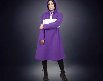 Handmade Gothic Rave Oversize Hoodie, Purple Cyberpunk Warm Long Sweatshirt. Size EU 36 (S).