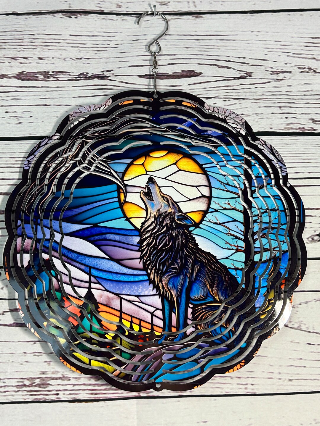 Double Sided Wind Spinner -  Stained Glass Wolf