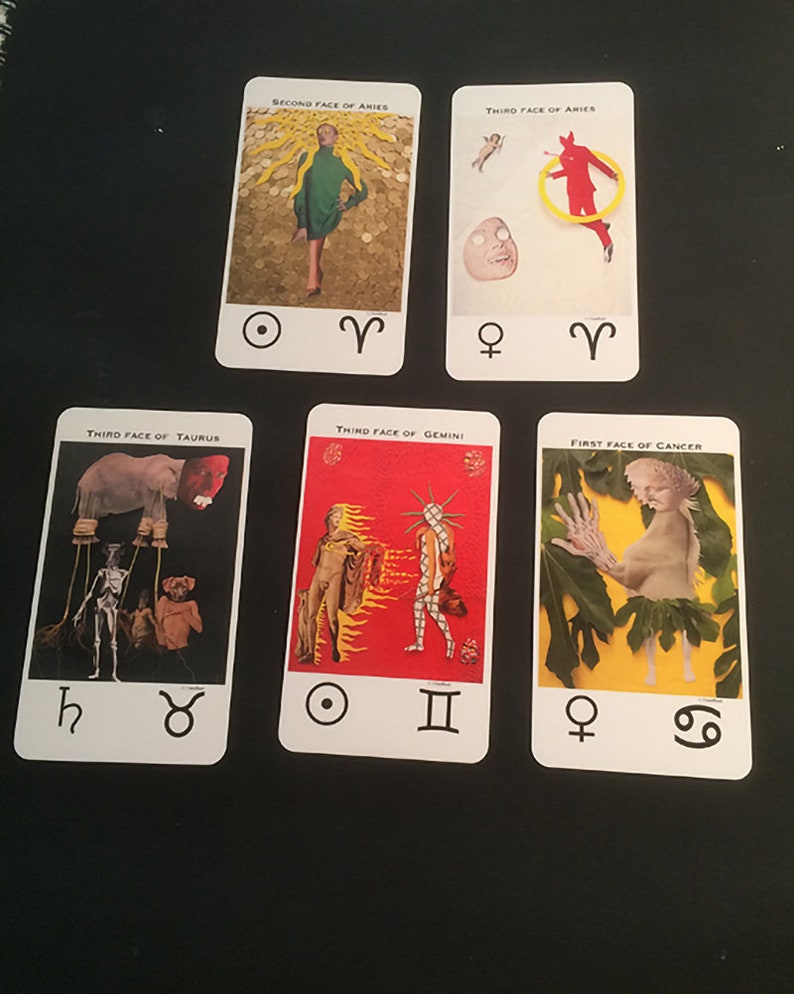 May include: Six tarot cards with astrological symbols. The cards depict various images, including a woman in a green dress, a red figure jumping through a ring, a creature with a long trunk, two figures in flames, a figure with a leafy skirt, and a figure with a leafy skirt.