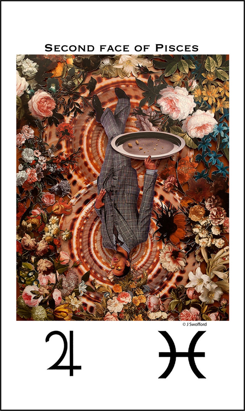 May include: A collage art piece featuring a person lying on their back holding a plate with a floral background. The text "Second Face of Pisces" is at the top of the image. The number "24" and the astrological symbol for Pisces are at the bottom of the image.