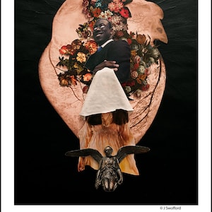 May include: A collage artwork featuring a black man in a suit, a woman in a white veil, and a bronze angel. The artwork is set against a black background and includes a floral arrangement. The text "Second Face of Libra" is at the top of the image. The text "h" and the Libra symbol are at the bottom of the image.
