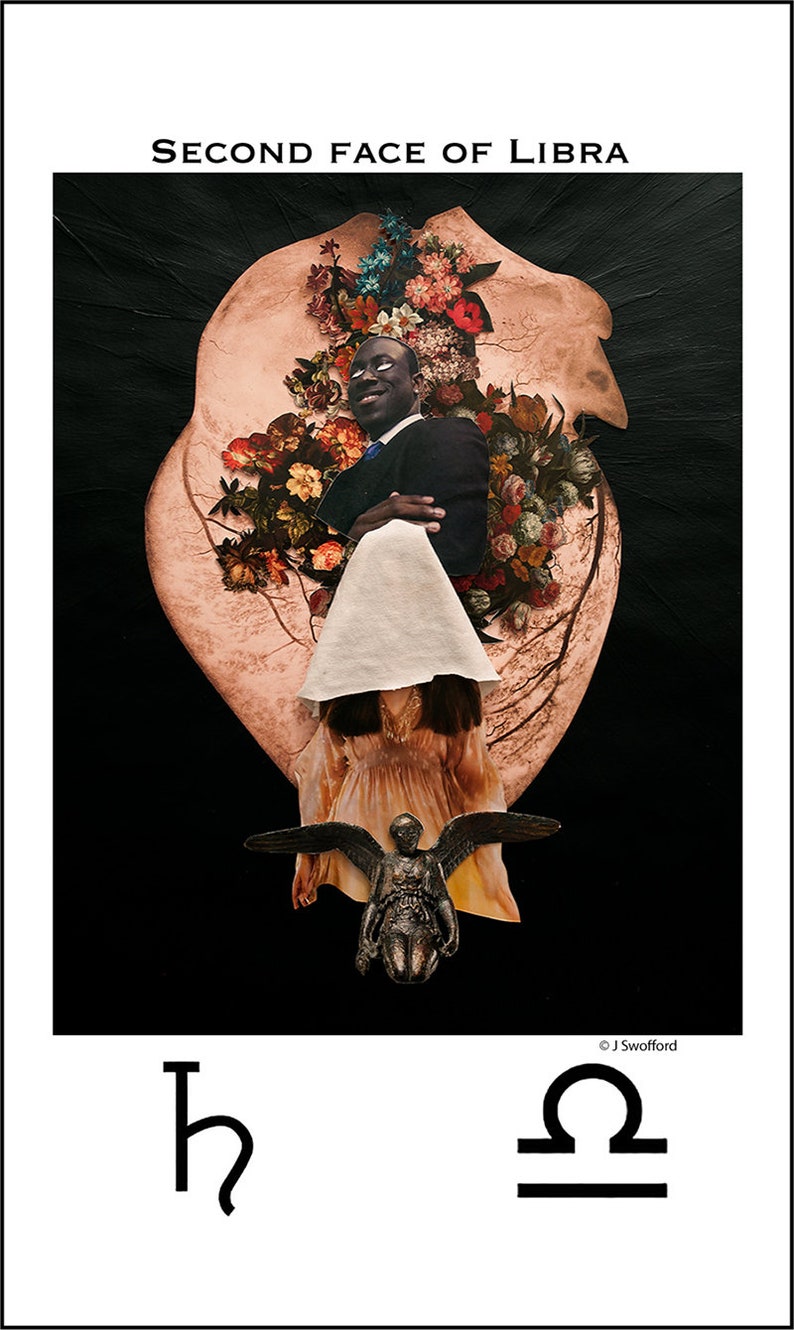 May include: A collage artwork featuring a black man in a suit, a woman in a white veil, and a bronze angel. The artwork is set against a black background and includes a floral arrangement. The text "Second Face of Libra" is at the top of the image. The text "h" and the Libra symbol are at the bottom of the image.