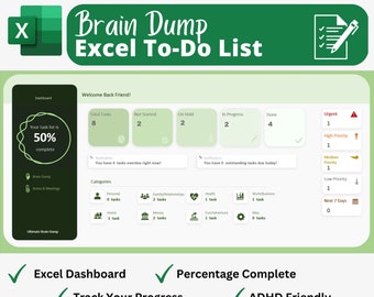Hoja de cálculo de Excel de volcado de cerebro, lista de tareas adhd, panel de Excel, planificador digital 2023, calendario de Excel de tareas, planificador digital adhd