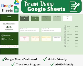 Brain Dump Google Sheets, adhd to do list, google sheets dashboard, digital planner google drive 2023, Google Sheets Bujo Template