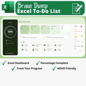 Brain Dump Excel Spreadsheet, adhd to do list, excel dashboard, digital planner 2023, task excel calendar, adhd digital planner